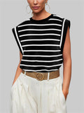 Leisure Round Neck Sleeveless Stripe Shirt for Women