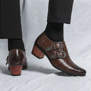 Men's Vintage Paisley Pattern Metal Buckle Chunky Heel Dress Shoes