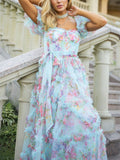 Romantic Flower Mesh Puff Sleeve Princess Dress for Women