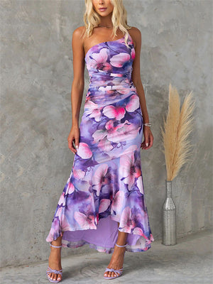 French Style One Shoulder Floral Print Ruffle Hem Dress for Ladies