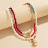 Women's 3Pcs/Set Bohemian Red Beads Imitation Pearls Pendant Necklaces