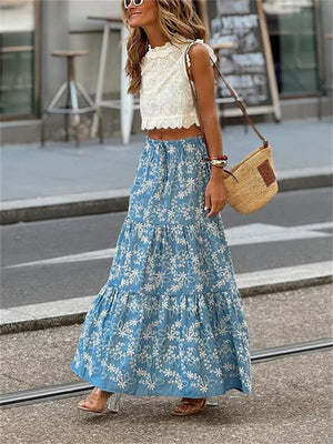 Casual Mini Floral Print Blue Ruffled Skirts for Women