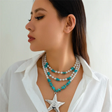 Multilayered Imitation Pearl Stone Spiral Starfish Pendant Necklaces