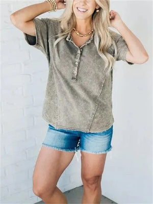 Leisure Washed Effect Buttoned Neck T-shirt for Women