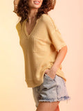 Candy Color V Neck Plaid Texture Casual T-shirts for Women