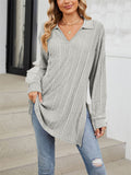 V Neck Striped Texture Side Split Fitted Shirt for Women