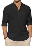 Men's Cotton Linen Button Henley Shirts with Pocket