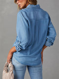 Women's Blue Single Breasted Lapel Denim Blouses