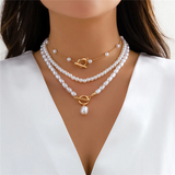 Female OT Buckle Multilayer Faux Pearl Pendant Necklace