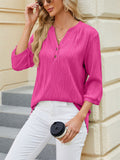 Solid Color Women's V-Neck Button Textured T-Shirts