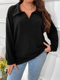 Lady V Neck Lapel Dropped Shoulder Ribbed T-shirt