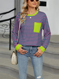 Contrast Color Stripe Chest Pocket Long Sleeve Shirt for Women