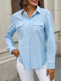 Female Double Pocket Button Up Long Sleeve Blouse