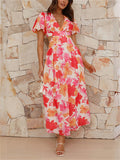 French Romantic Floral Print V Neck Cut Out Midi Dress for Lady