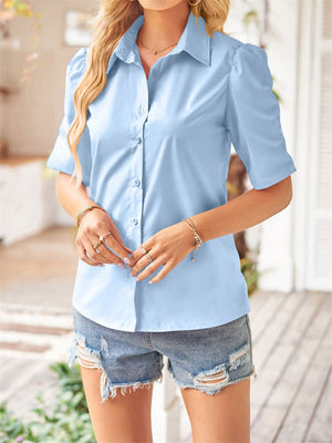 Solid Color Slim Fit Button Up Short Sleeve Shirt for Women