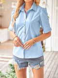 Solid Color Slim Fit Button Up Short Sleeve Shirt for Women