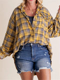 Women's Button Up Lantern Sleeve Fringed Plaid Blouse