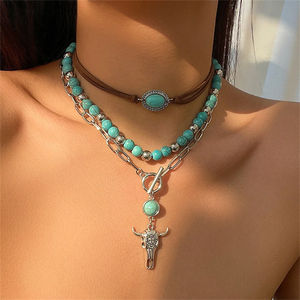 3pcs/Set Turquoise Beads Ox-head & Cactus Pendant Necklaces