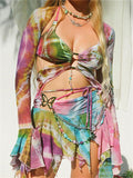 Flared Sleeve Shirt Lace-Up Bra Butterfly Skirt Women's Bikini Set