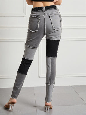 Female Colorblocked Raw Edge Splicing Jeans