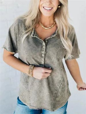 Leisure Washed Effect Buttoned Neck T-shirt for Women