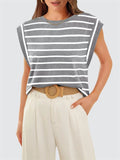 Leisure Round Neck Sleeveless Stripe Shirt for Women