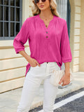 Solid Color Women's V-Neck Button Textured T-Shirts