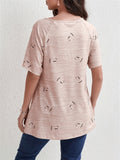 Zip V Neck Heart-Shaped Print Short Sleeve Shirt for Women