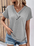 Women's V Neck Decorative Buttons Short Sleeve Fit T-shirt