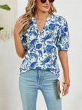 Bohemian Style V Neck Paisley Print Fitted Shirt for Women