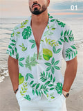 Summer Short Sleeve Lapel Leaf Print Men's Vacation Shirts