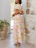 French Romantic Floral Print V Neck Cut Out Midi Dress for Lady