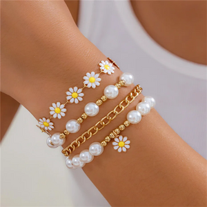 Women's 4pcs/Set Imitation Pearl Daisy Chain Bracelets