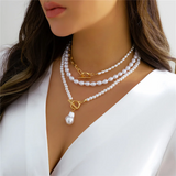 Female OT Buckle Multilayer Faux Pearl Pendant Necklace