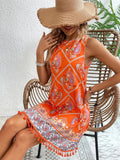 Ladies Print Tassels Hem Sleeveless Dresses for Vacation