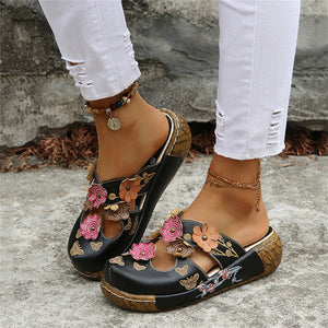 Handmade Flowers Butterfly Print Wedge Heel Beach Sandals for Women