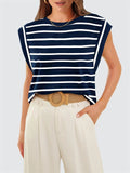 Leisure Round Neck Sleeveless Stripe Shirt for Women