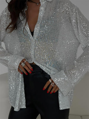 Ladies Twinkling Sequins Disco Party See-Through Blouses