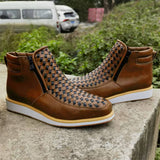 Men's Hand-Woven Side Zipper PU Leather High-Top Boots