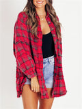 Women's Button Up Lantern Sleeve Fringed Plaid Blouse