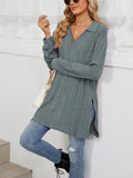 V Neck Striped Texture Side Split Fitted Shirt for Women