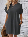 Holiday Simple Round Neck Batwing Short Sleeve Mini Dress for Lady