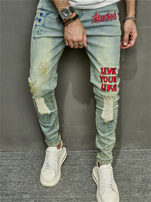 Men's Retro Letter Spider Web Embroidered Blue Jeans