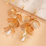 French Style Multiple Leaves Faux Pearl Drop Earrings for Lady