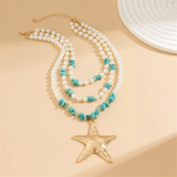 Multilayered Imitation Pearl Stone Spiral Starfish Pendant Necklaces