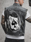 Personality Ace of Spades Print Men's Sleeveless Button Denim Vest