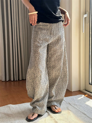 Women's Chic Cozy Oversized Cotton Linen Plaid Trousers