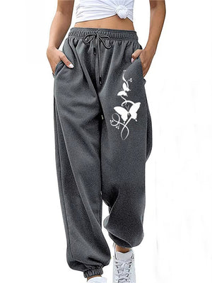 Women's Casual Butterfly Print Elastic Waist Ankle Banded Pants