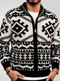 Male Bold Black & White Geometric Pattern Shawl Collar Sweater