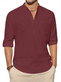 Men's Cotton Linen Button Henley Shirts with Pocket